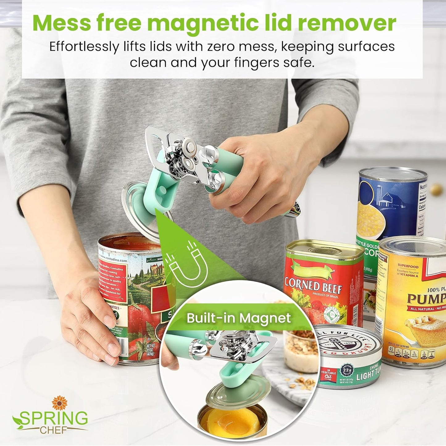 Spring Chef Stainless Steel Can Opener - Manual with Soft Grip Handles, Easy Turn, Heavy Duty Hand Can Opener for Seniors with Smooth Edge - Built-in Magnetic Lid Remover - Mint