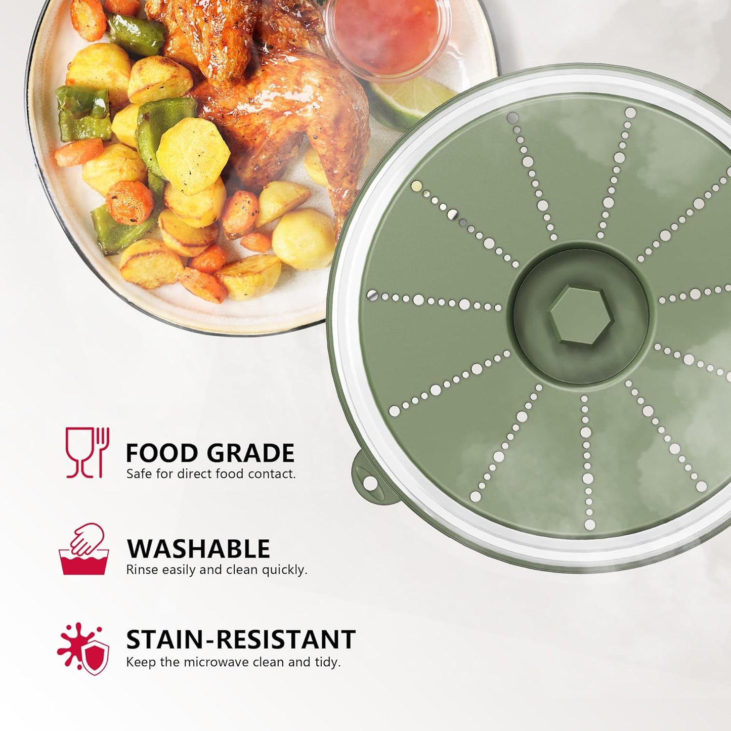 WVM Microwave Splatter Cover Vented for Food with Hook Hole, Splatter Guard & Colander Kitchen Gadget for Food, Meal Prep, Green