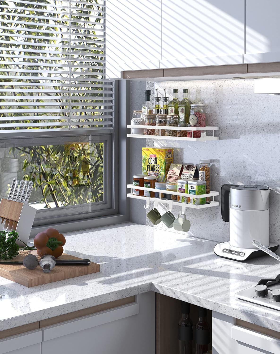 Spice Rack Organizer Wall Mount - 15.7in 2Pack [Upgraded Version] Hanging Seasoning Organizer Shelf with Paper Towel Holder, Storage for Cabinet or Wall Mounted with 4 Strong Hooks (Rice white)