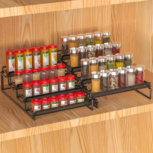 4 Tier Spice Rack Organizer for Inside Cabinet Expandable Display Riser Shelf Seasoning Organizer for Countertop Cupboard Pantry Adjustable Step Storage Holder with Protection Railing (Black, 2PC)