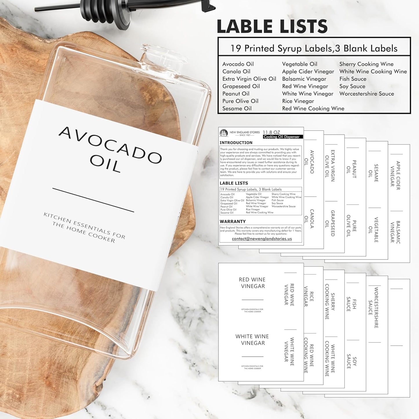 New England Stories Kitchen Cooking Oil Dispenser Set, Olive Oil and Vinegar Bottles, Soy Sauce Dispenser - 2 Pieces, Black, Durable & Stylish Design