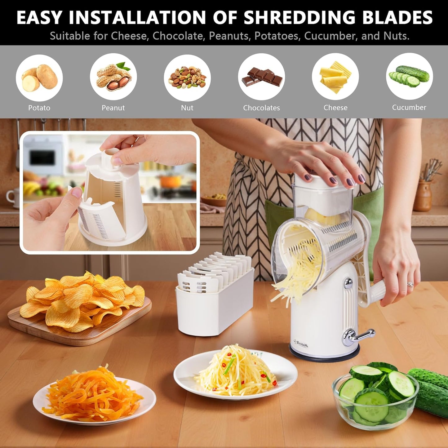 5 in 1 Rotary Cheese Grater Vegetable Slicer with Handle - Upgraded Hand Crank Cheese Grater with Handle and Strong Suction Base, Multi-Purpose Vegetable Slicer with 5 Well-Designed Blades
