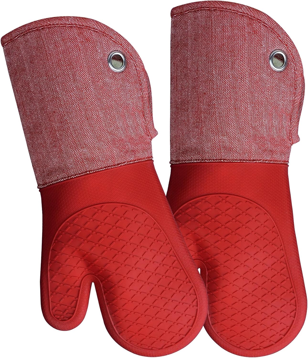 Professional Microwave Silicone Oven Mitts one Pair, Kitchen Mitten Set for Heat Resistant with 500 Degrees, Kitchen Gloves Pot Holder for BBQ Cooking Baking (Red)