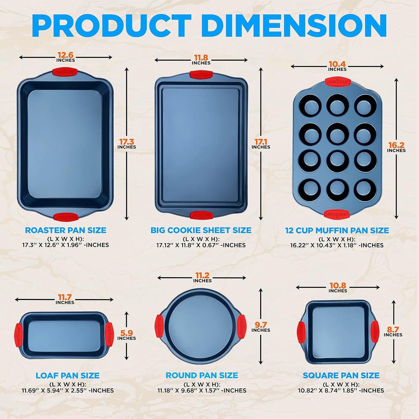 NutriChef 6-Piece Bakeware Set - Nonstick Carbon Steel Baking Pans with Red Silicone Handles, Blue Coating, Durable & Stain-Resistant, Perfect for Baking Cakes, Muffins, Cookies (Blue)