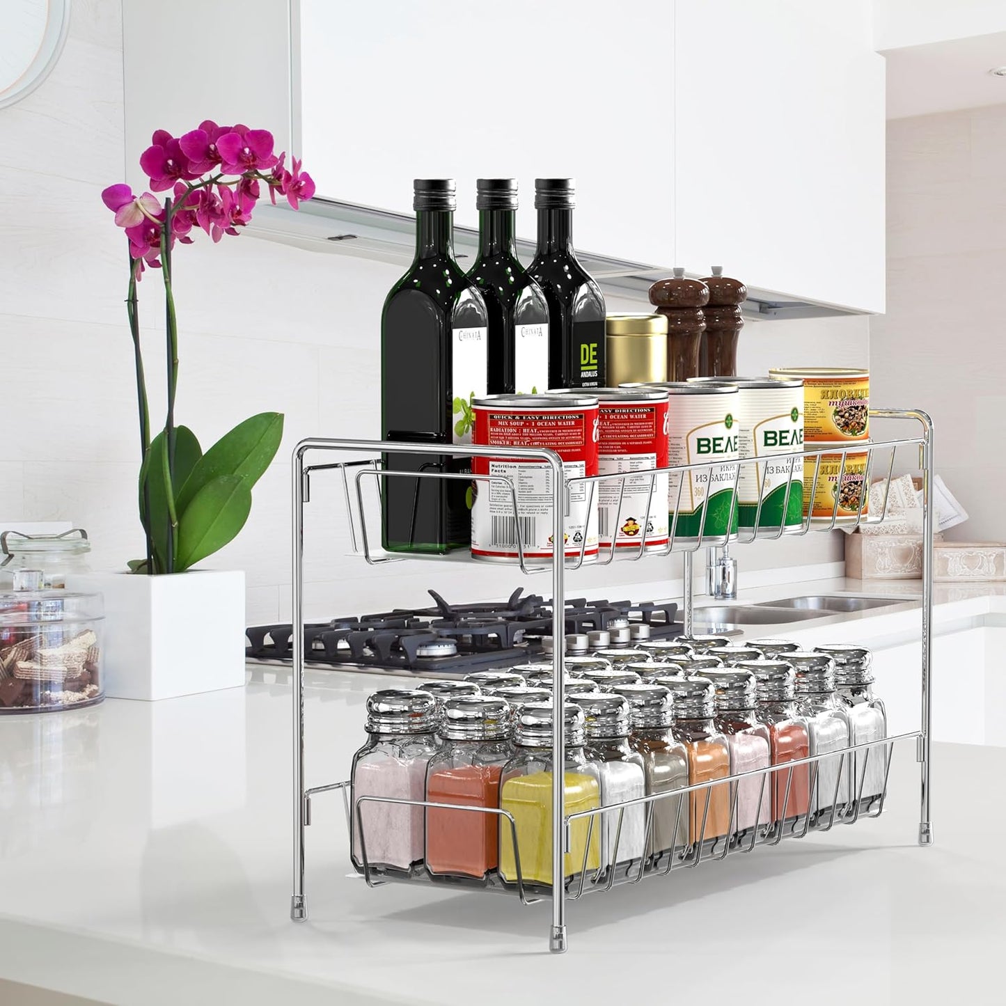 Simple Houseware 2-Tier Spice Rack Kitchen Organizer Countertop Shelf, Chrome