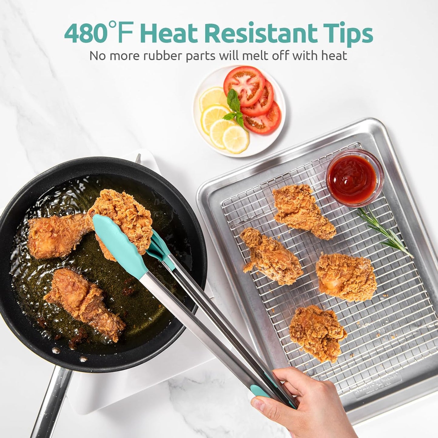 Heat Resistant Silicone Kitchen Tong: U-Taste 16 inch Extra Long Large 480ºF Hot Proof Cooking Tong with Sturdy Non Stick Rubber Tips & Non Slip Silicon Coated Steel Handle for Grilling BBQ (Aqua Sky)