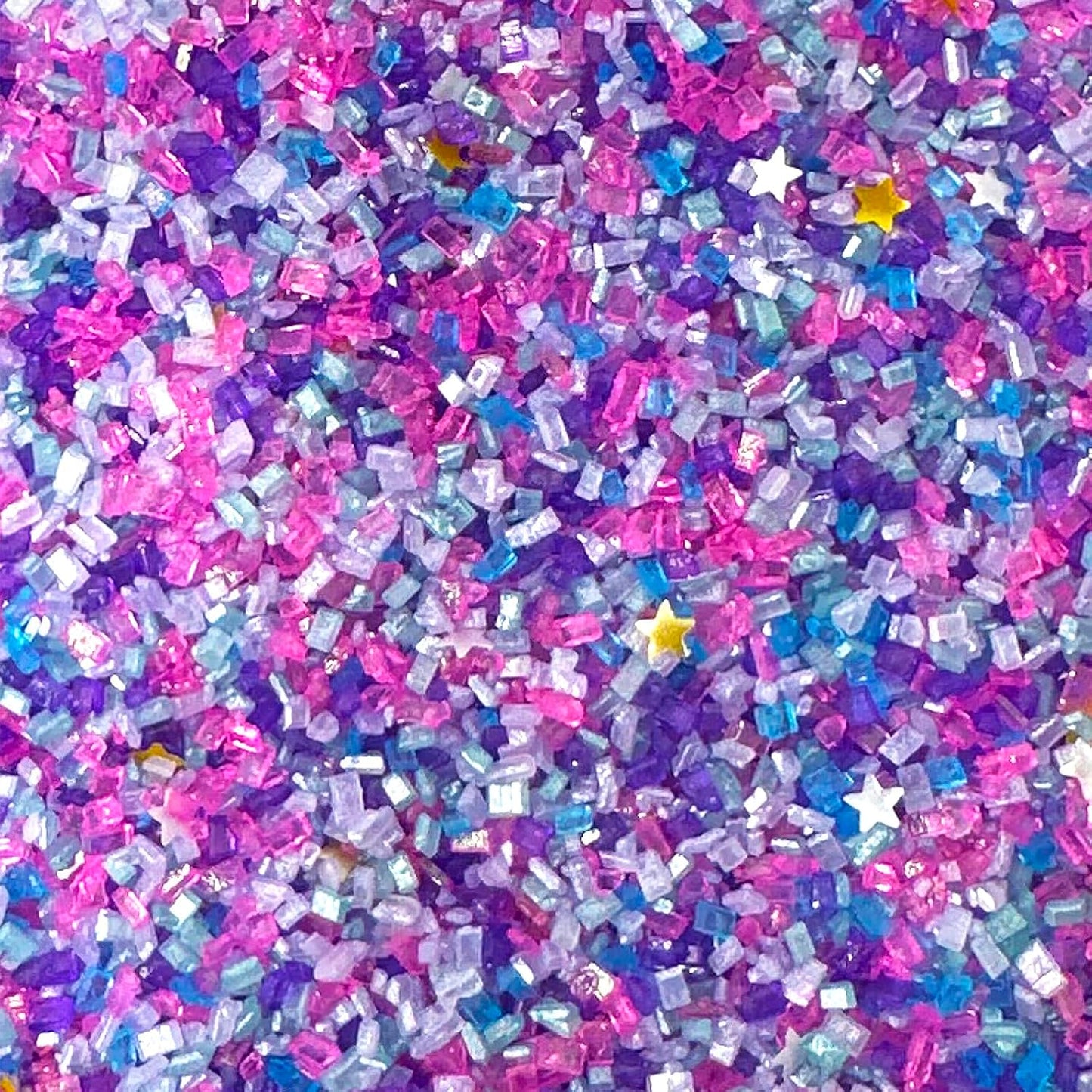 Fancy Sprinkles Chromatica Fancy Sugar Pearlescent Hot Pink, Blue, Purple, White, and Teal Sugar Crystals Flecked with Silver and Gold Mini Edible Glitter Stars (4 OZ)