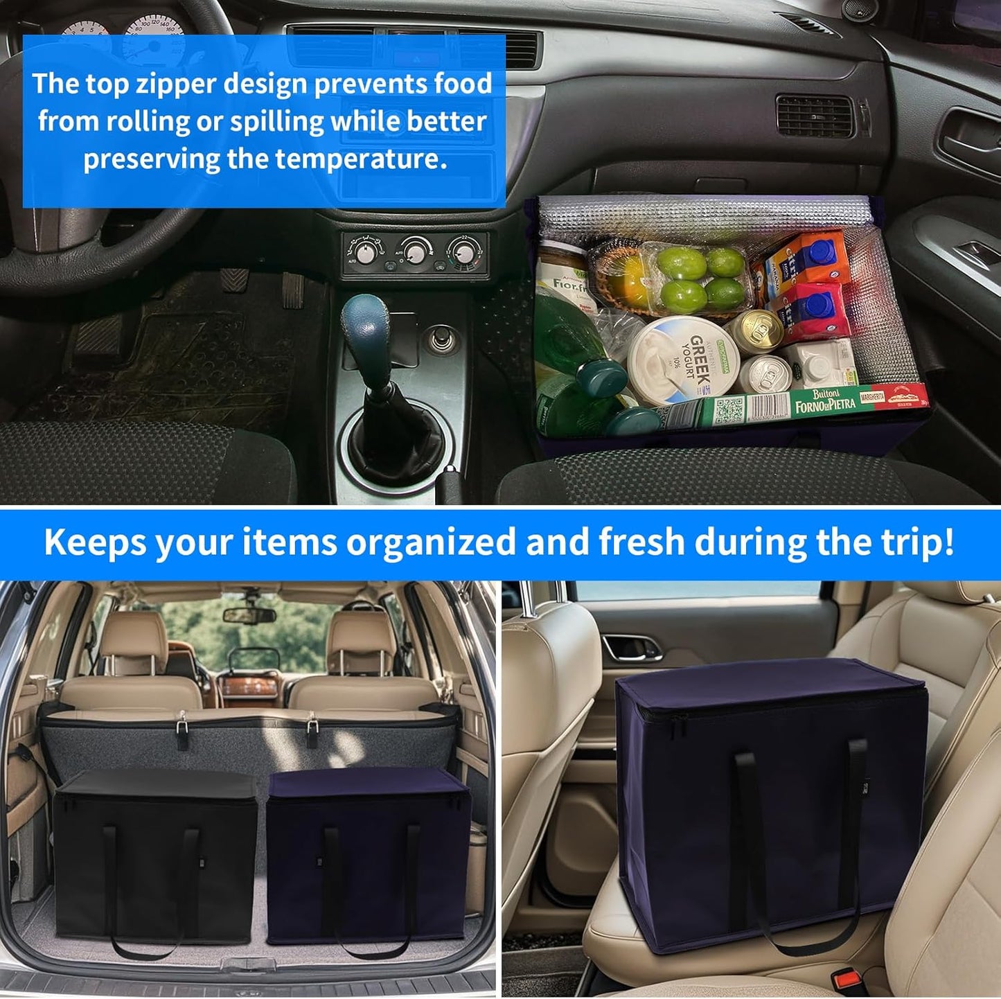 2-Pack Reusable Insulated Grocery Bags with Zippered Top, Heavy Duty Cooler Bags for Frozen Foods, Waterproof and Foldable Bag for Cold Storage & Travel– Dark Purple