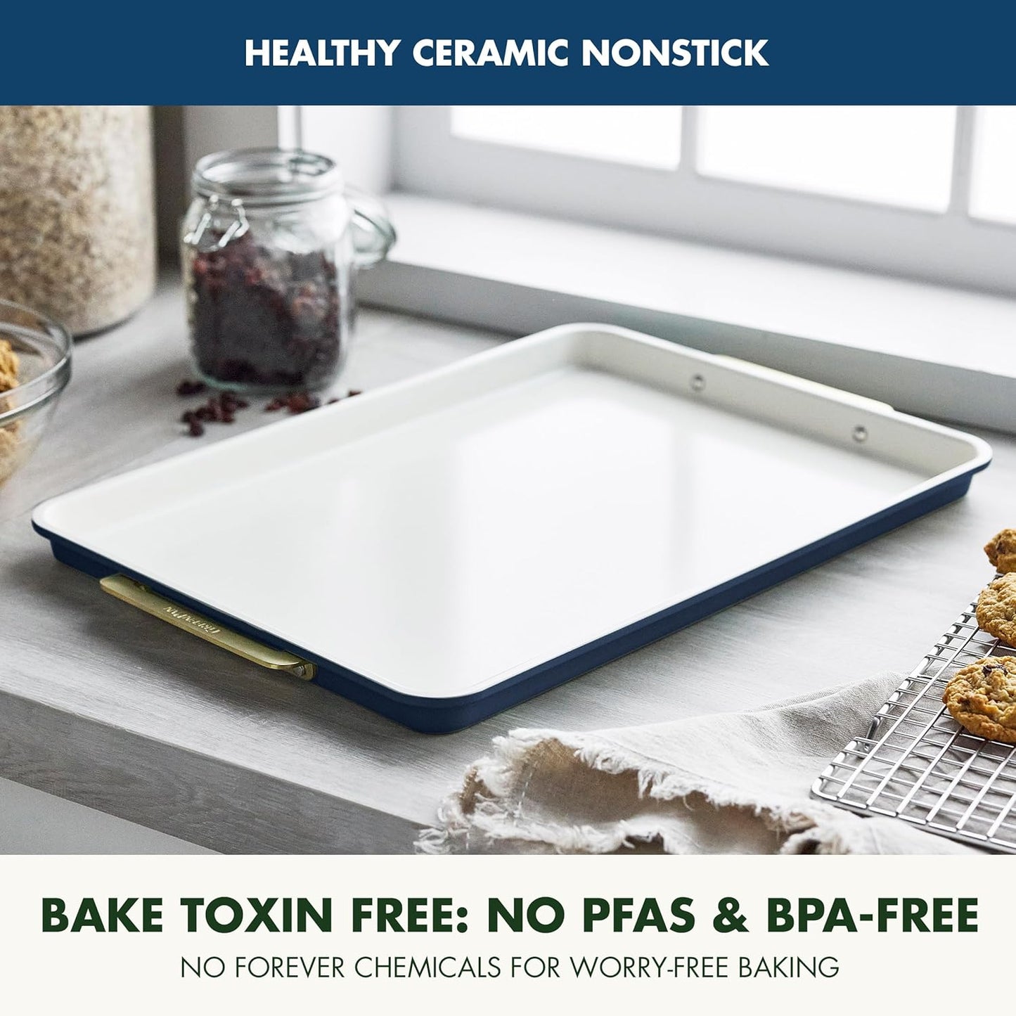 GreenPan Bakeware 13"x18" Half Baking Sheet Pan, Ceramic Nonstick Baking Pan, PFAS & BPA Free, Gold Handles, Durable Steel, Versatile & Space Saving Ovenware, Freezer to Oven Dish, Oxford Blue