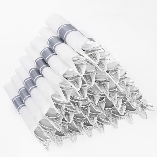 400PCS Pre Rolled Silver Plastic Silverware Sets - Heavy Duty Hammered Silver Cutlery - Include 100 Pack Wrapped Disposable Utensils with Napkins for Parties & Dinners & Weddings