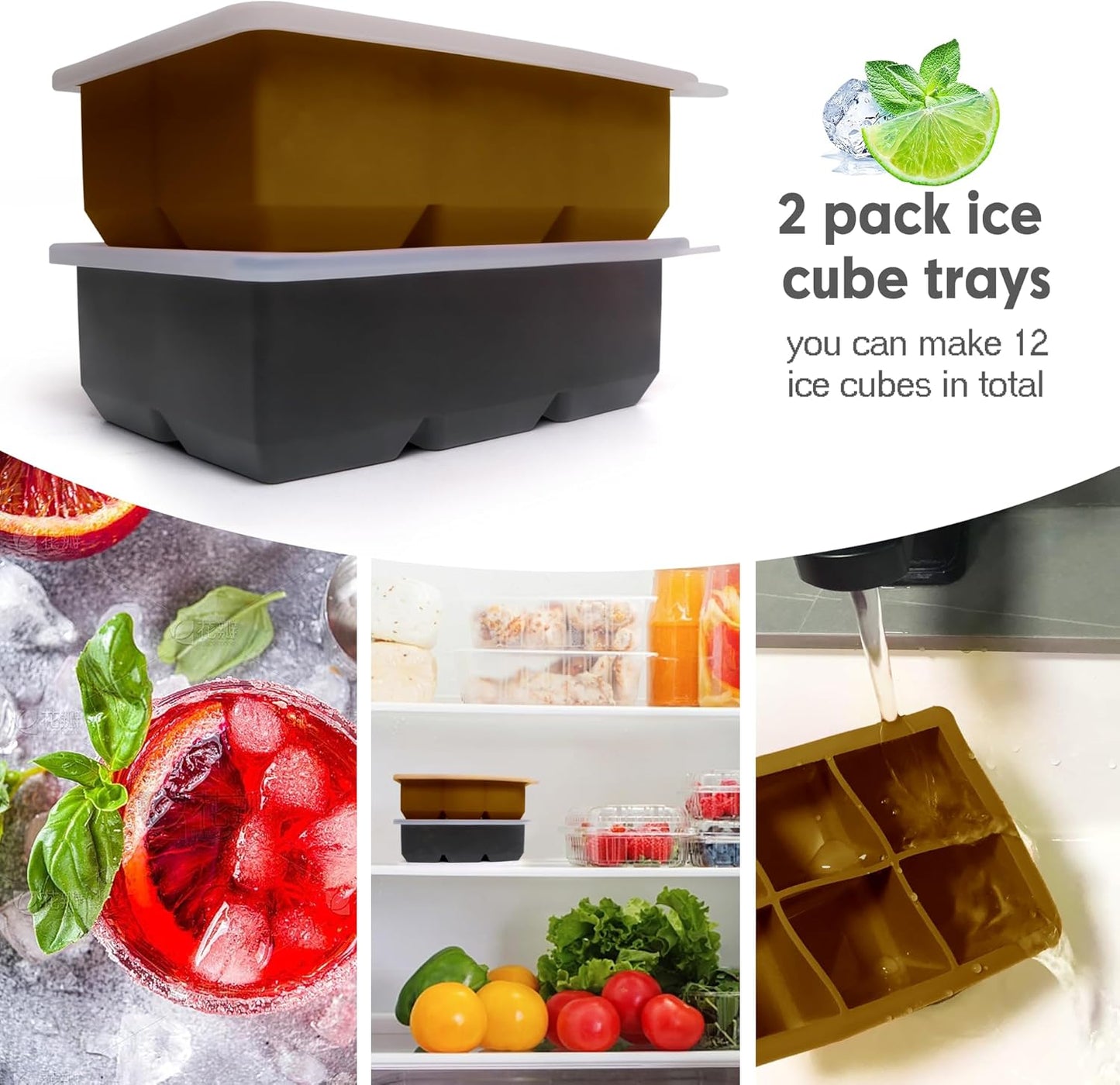Silicone Ice Cube Trays with Lids,Large Square Ice Cube Molds for Freezer, Whiskey, Cocktail, Stackable Flexible and Reusable & Easy Release BPA Free (2 Pack&Dark Gray and Golden)