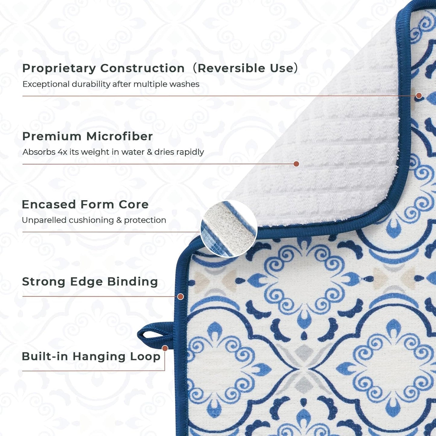 FRESHMINT Printed Dish Drying Mats for Kitchen Counter 2 Pack Absorbent Reversible Drying Mats Microfiber Kitchen Countertop Protector Dishes Drying Pad Extra Large 18"x24" Dish Mat