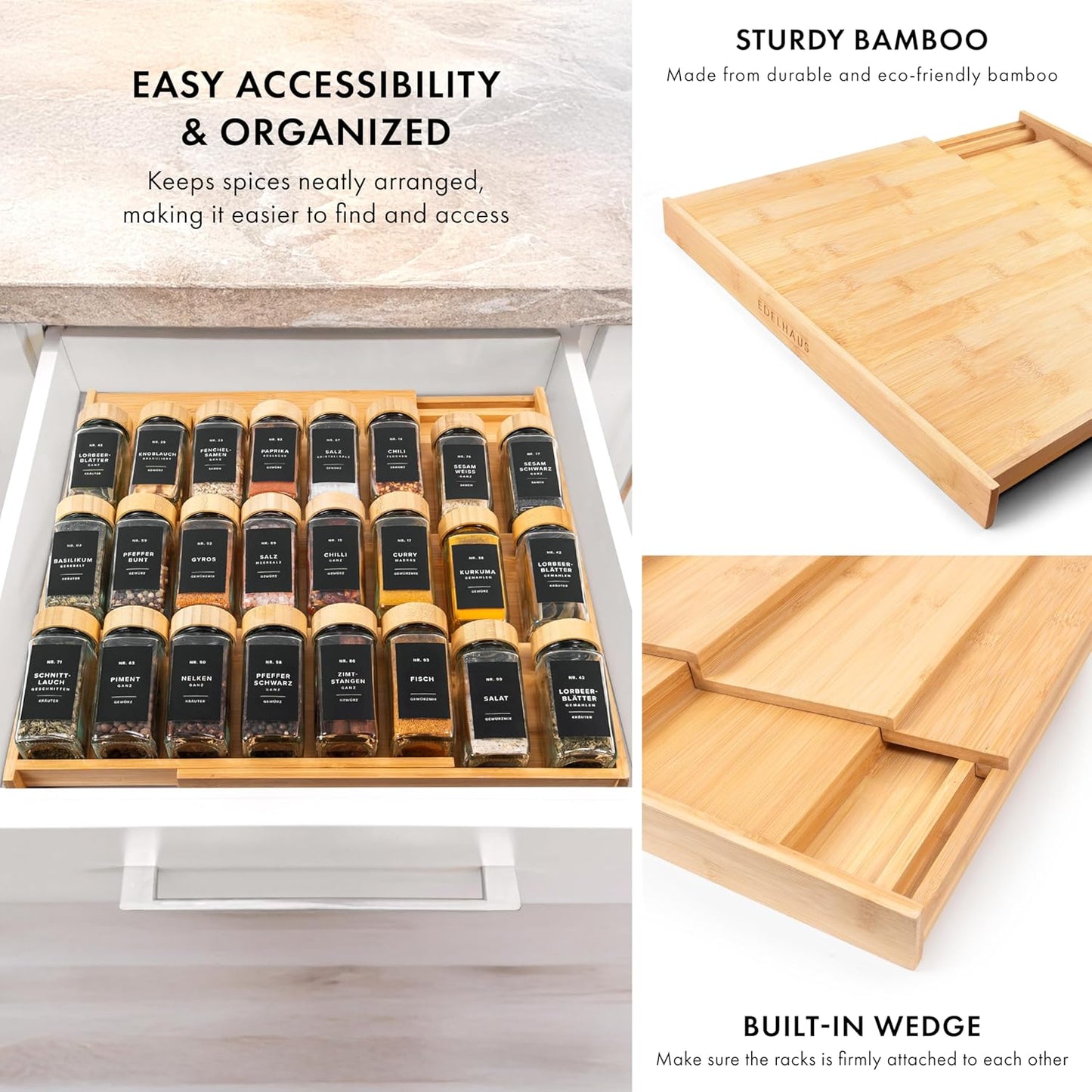 Bamboo Spice Drawer Organizer - Expandable 4 Tier Spice Rack (Need 3" Deep Drawer) 12" to 24" Wide, Seasoning Organizer, Organization Seasoning Rack insert (Jars Not Included)