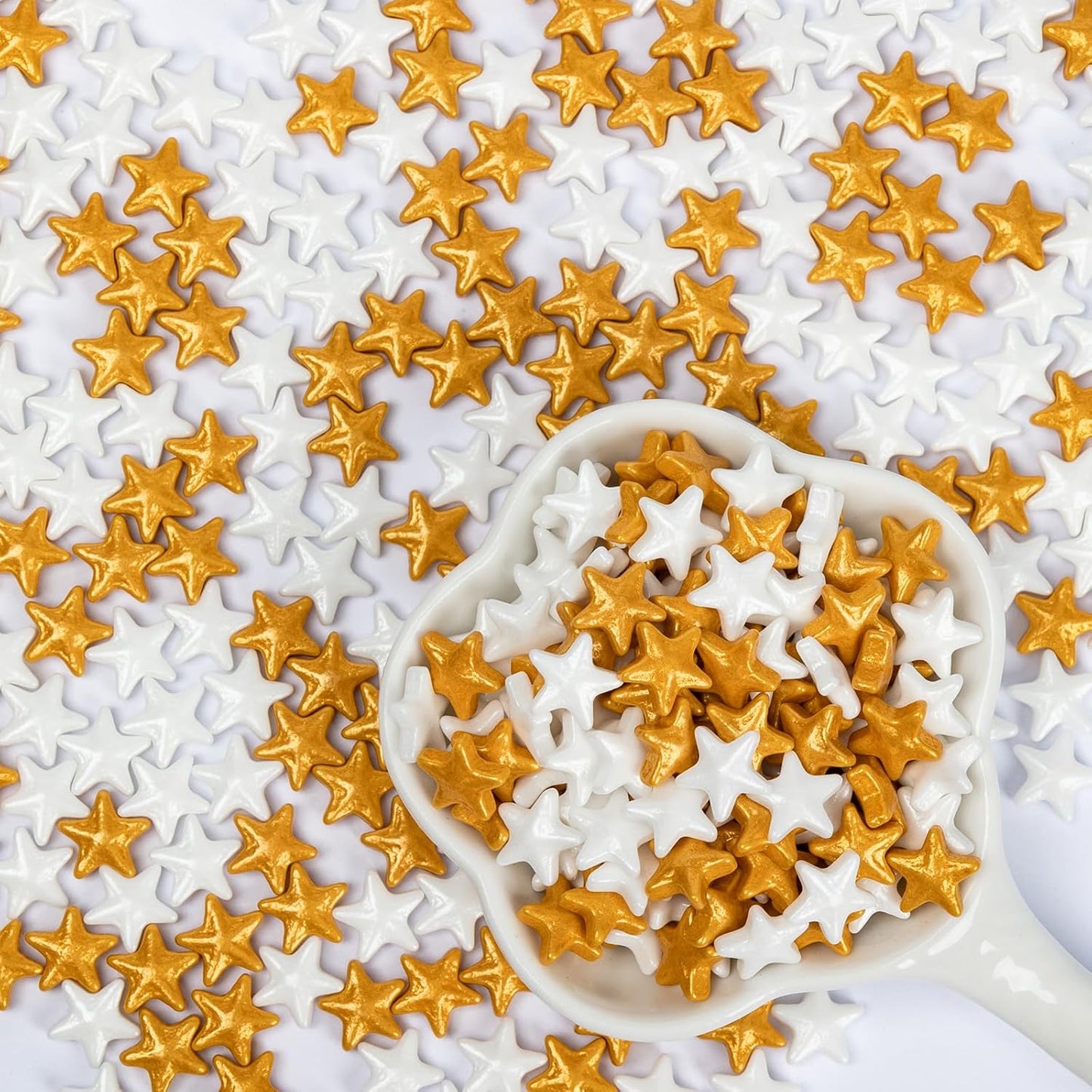 Edible Star Sugar Sprinkles, Gold and White Mix Size,Candy Star Sprinkle for Cake Decorations and Cupcake Toppers, Ice Cream, Wedding Party Valentines Christmas Supplies 130g/4.58ounce