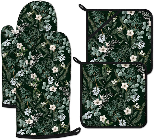 Botanical Print FloralOven Mitts and Pot Holders Sets Heat Resistant 4Pcs Potholders Oven Gloves Hot Pads for Kitchen Baking Cooking Grilling BBQ