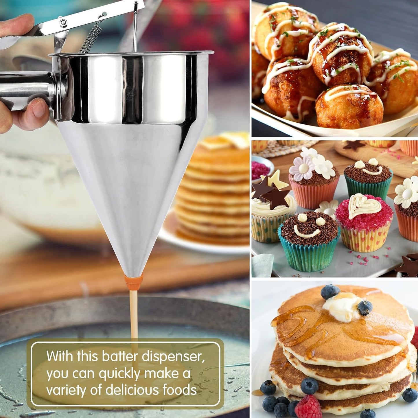 40oz Pancake Batter Dispenser Stainless Steel with Metal Spatula, Stand, Squeeze Handle and Versatile Silicone Funnel, Baking Tool for for Pancake, Cake, Cupcake, Waffles and Muffins Making