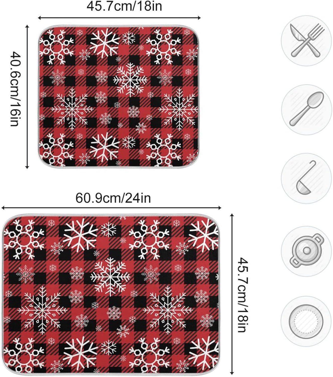 Snowflake Buffalo Plaid Dish Drying Mat for Kitchen Counter Christmas Absorbent Microfiber Drying Pad, Lager 18x24 in, Reversible Drainer Mats