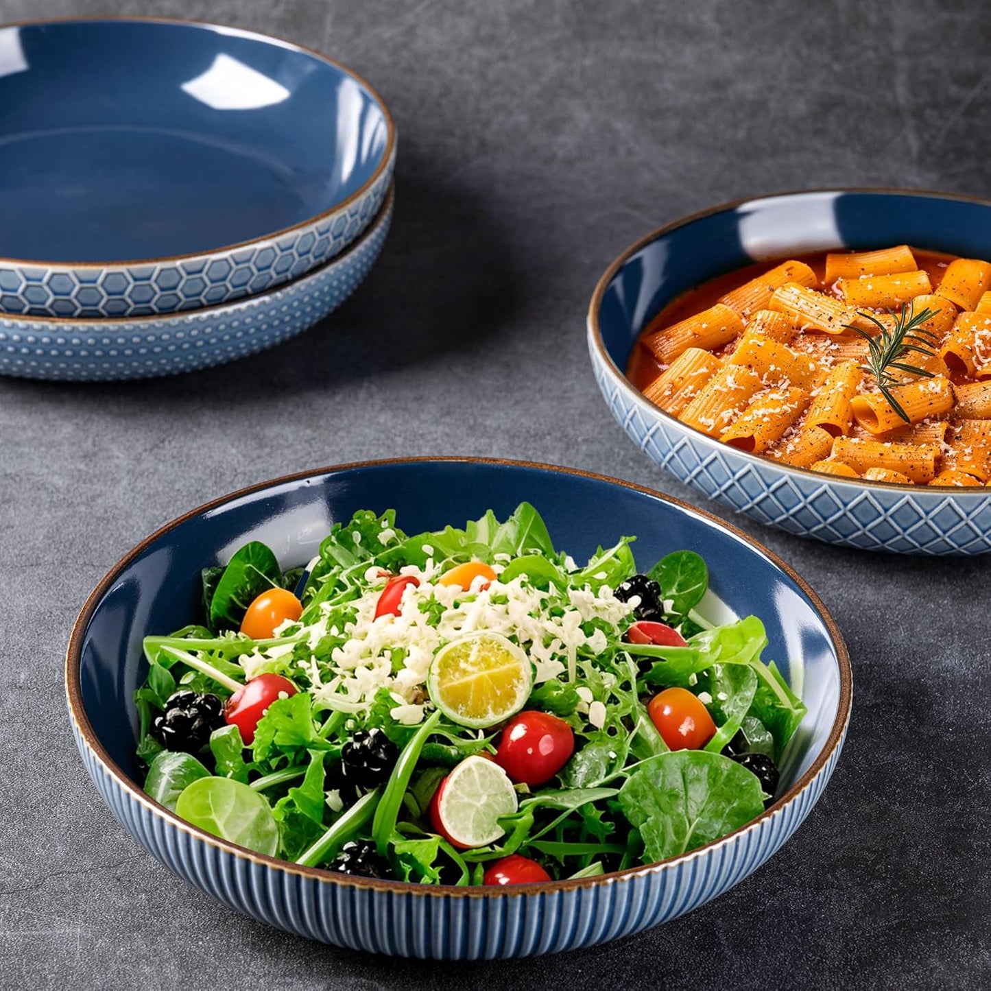 GBHOME 9.5'' Large Pasta Bowls, 42 Ounce Stoneware Salad Bowls for Kitchen, Ceramic Serving Bowls With Textured Pattern for Pasta,Fruit, Stews,Noodle, House-warming Gift, Set of 4-Moonlight Blue