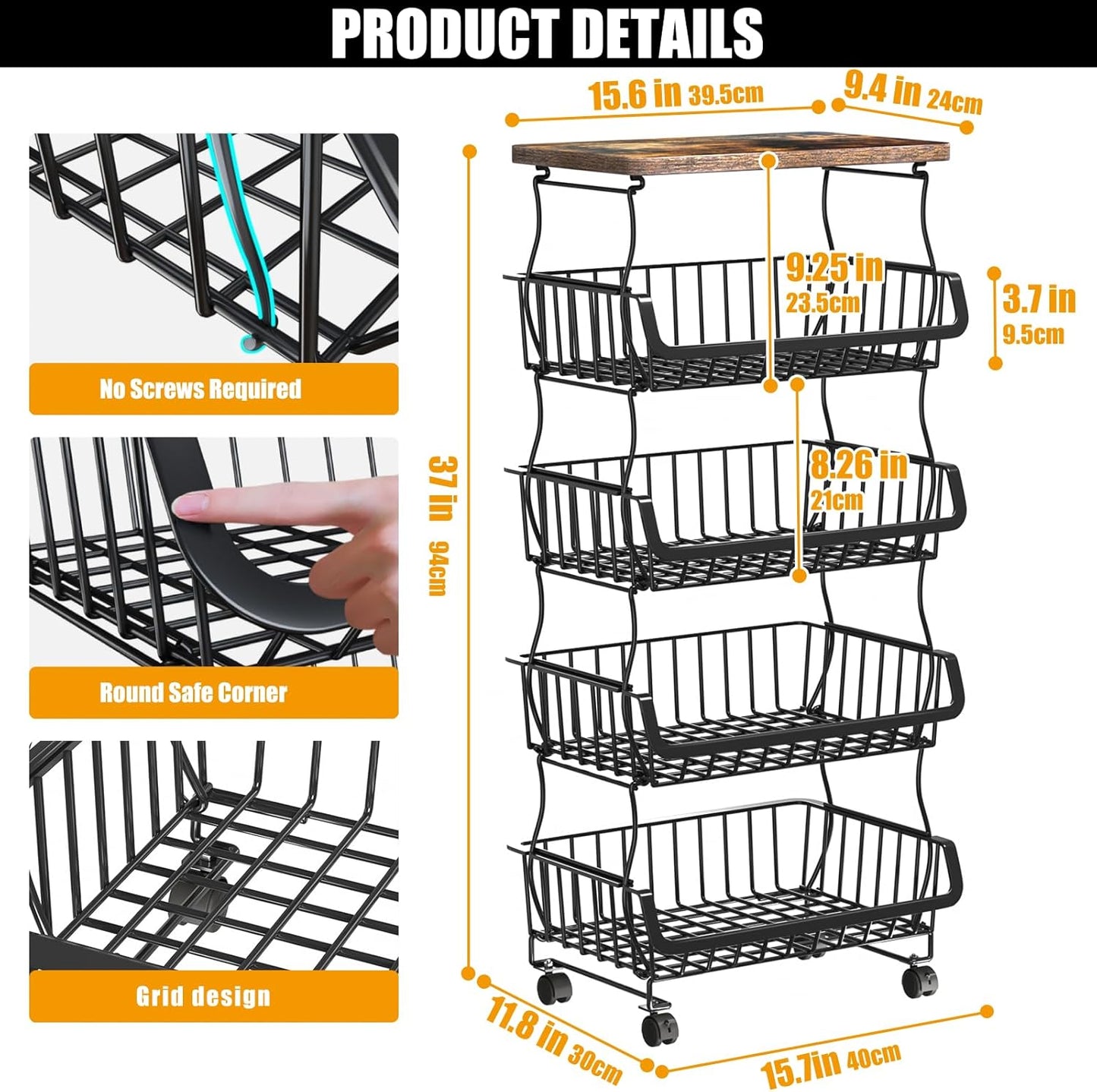 Fruit Vegetable Basket for Kitchen, 5 Tier Stackable Fruit Vegetable Storage Baskets with Wheels, Metal Wire Storage Basket Organizer Baskets for Kitchen, Pantry, Bathroom