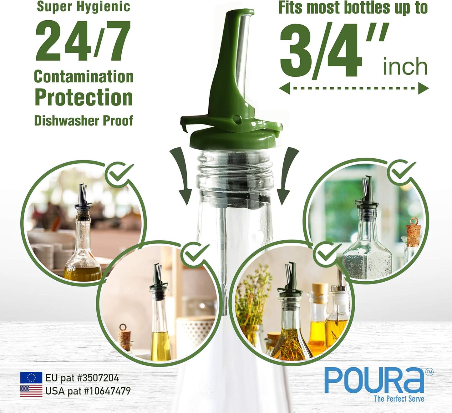 AIRTIGHT Olive Oil Pour Spout for Olive Oil Dispenser - UK Patented Oil Pourer - Hygienic One Handed Open Close Mechanism Keeps Oil Fresh. Dust Caps Cover | Screens Alternative - Green 2 PCs