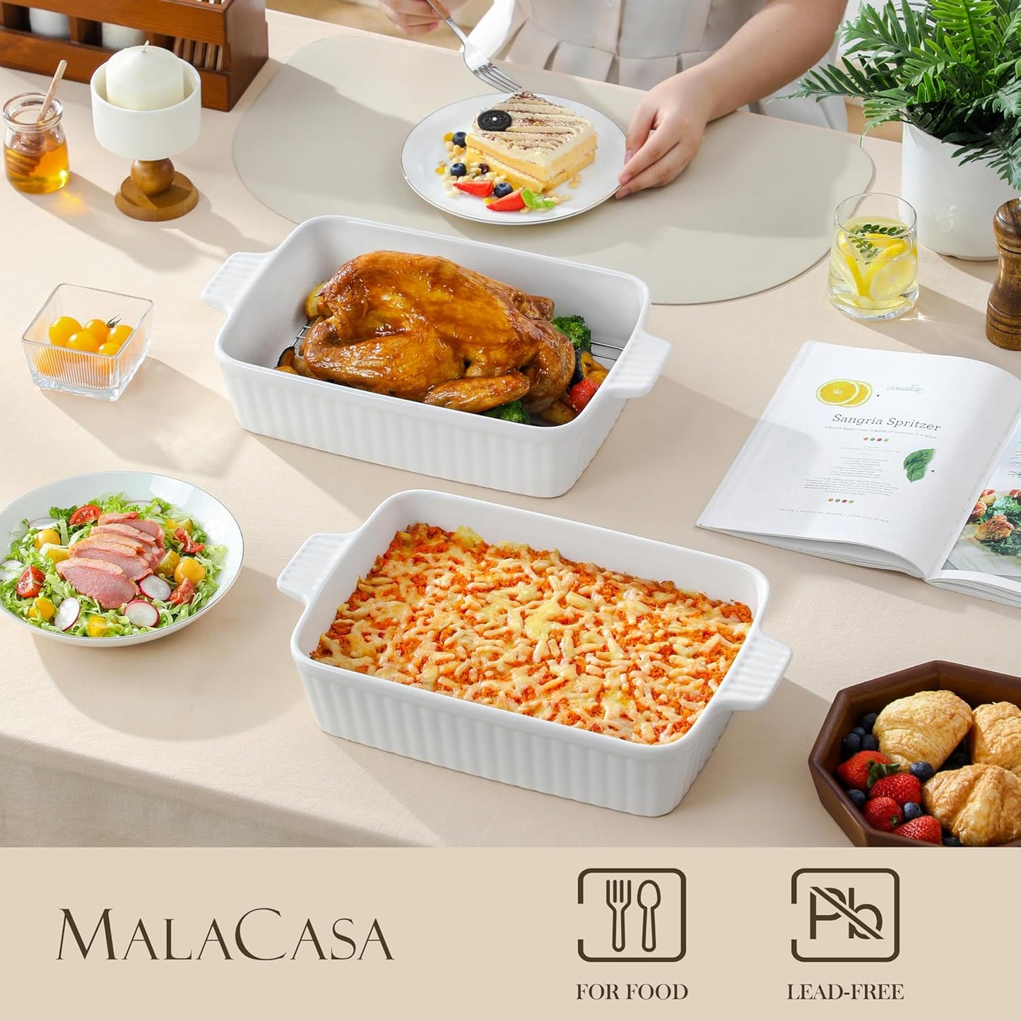 MALACASA 4.4 QT Baking Dish with Rack, 9x13 Large Casserole Dish for Oven, Ceramic Baking Pan with Rack, Rectangular Lasagna Pan Deep with Handles for Baking, Durable Microwave Oven Safe, White