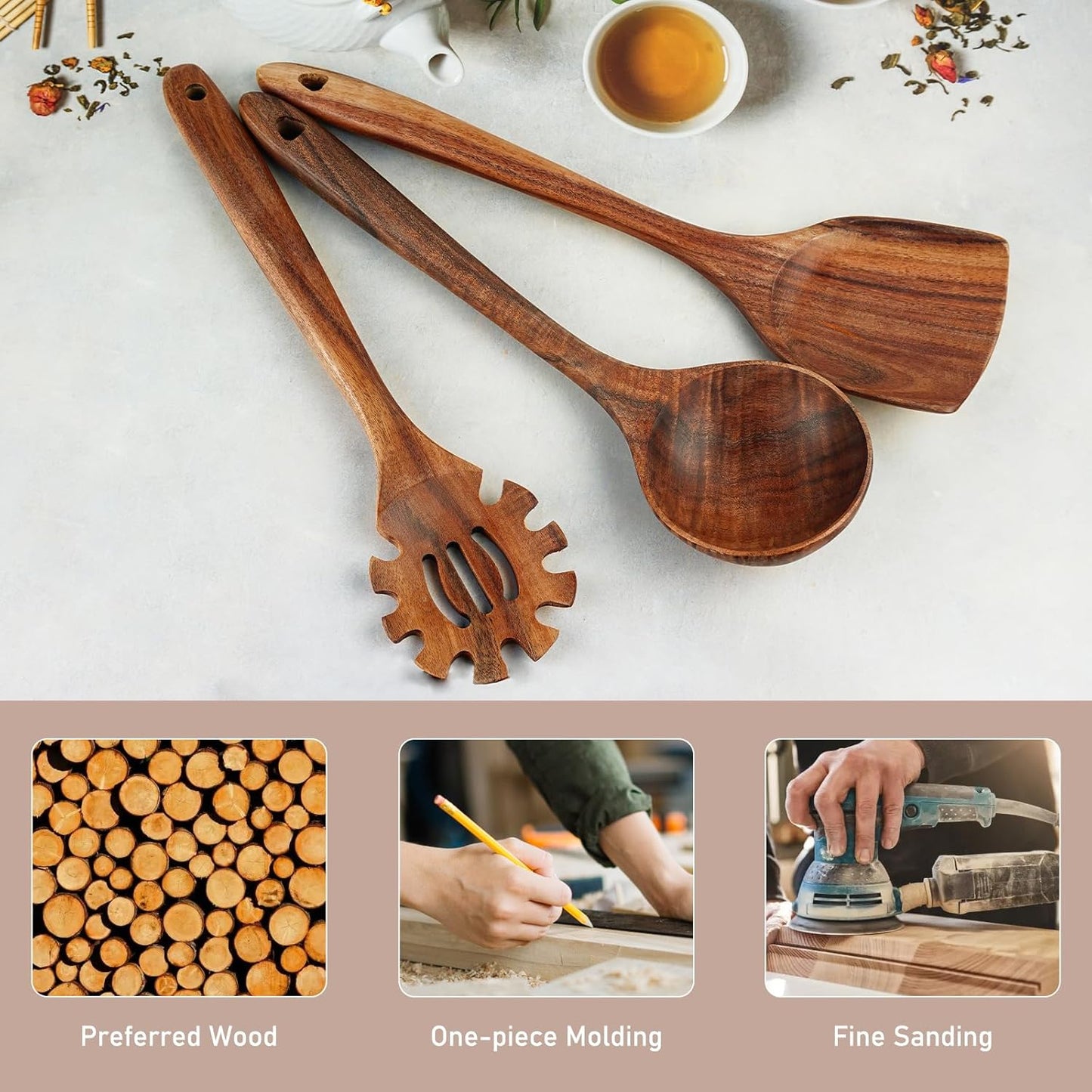 FJNATINH 3-Piece Teak Wooden Wok Spatula Set, Wooden Kitchen Utensil Set, 100% Natural Teak Wood Cooking Utensils