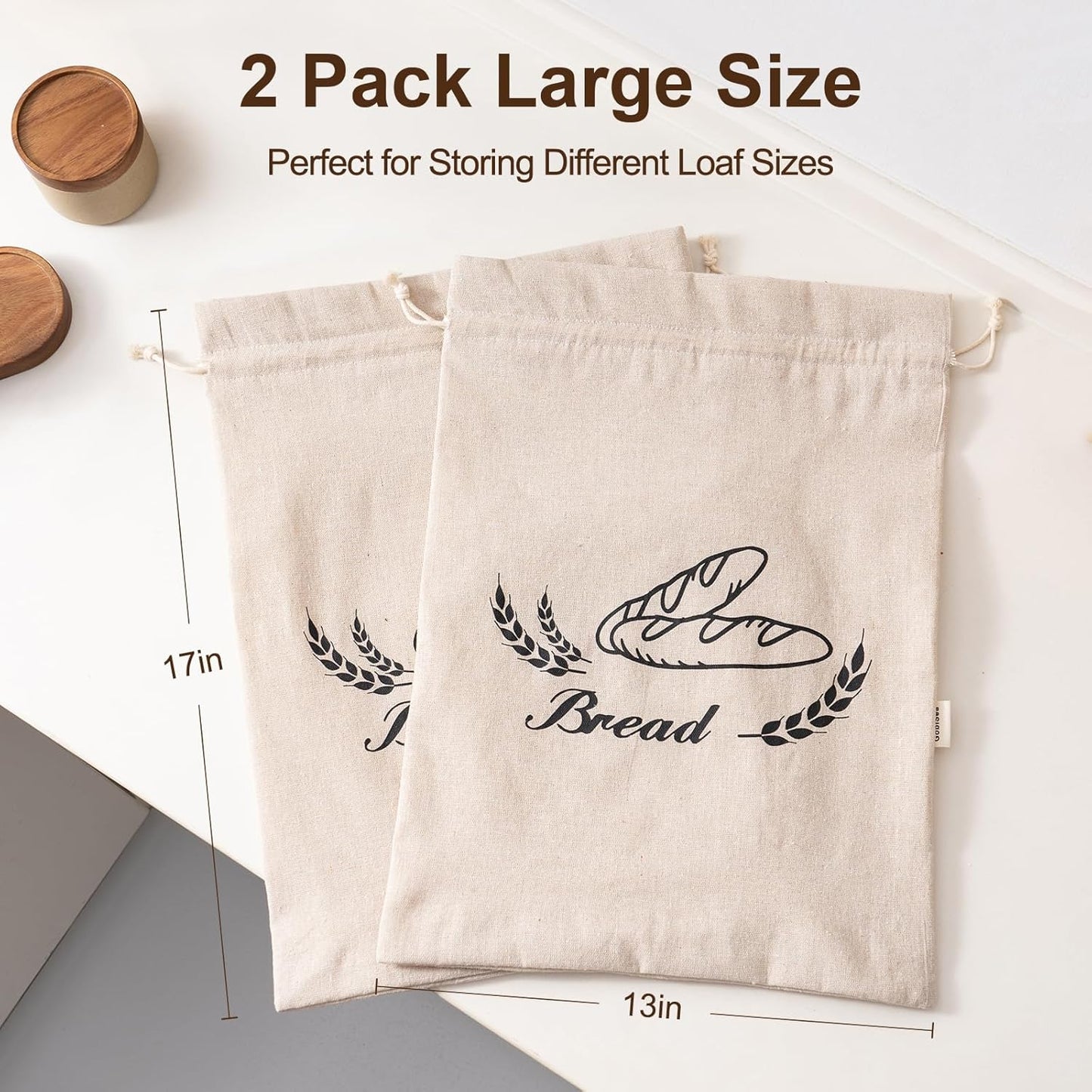 2 Pack Linen Bread Bags for Homemade Bread - Plastic Lined - Reusable Linen Sourdough Bread Storage Bags with Plastic Liner - 17" x 13"