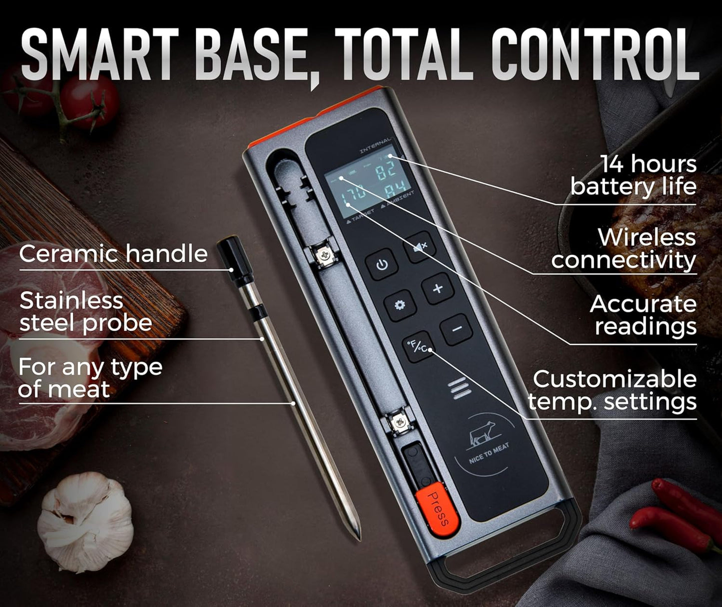 WiFi and Bluetooth Meat Thermometer Digital Wireless - Long Range Connection with Built-in Temperature Display, Meats Probe,Meat Thermometer for Grilling, Smoking, Cooking, BBQ Gift for Men