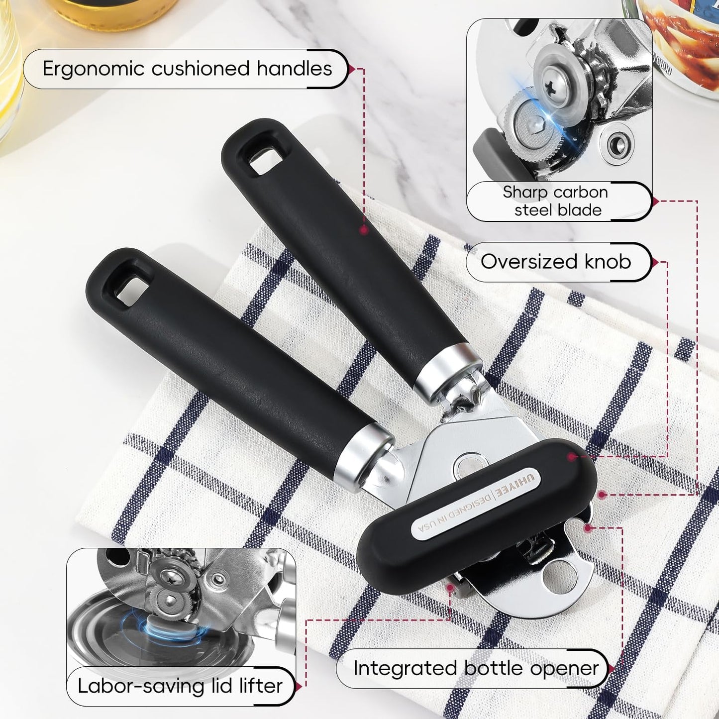 Can Opener Manual, UHIYEE Hand Held Manual Can Openers Heavy Duty with Smoother Cut Sharp Blade, Manual Hand Can Open with Soft Handle, Easy to Turn Knob, Magnetic Lid Lifter, Black
