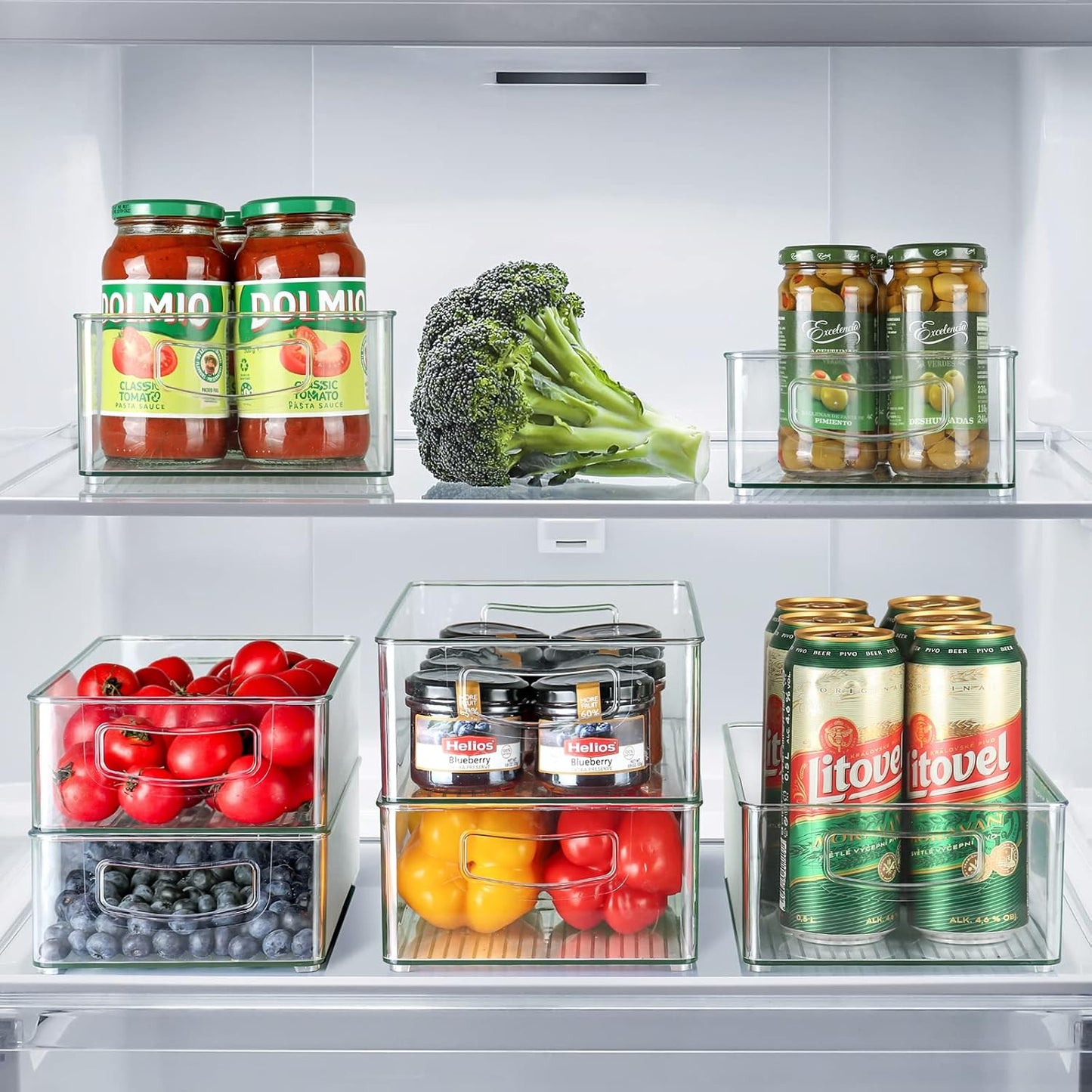 Hudgan 8 PACK Clear Stackable Storage Bins, Straight Sides Plastic Organizer Bins for Kitchen and Pantry Organization, 4 Large and 4 Medium Sizes Refrigerator Fridge Organizers and Storage