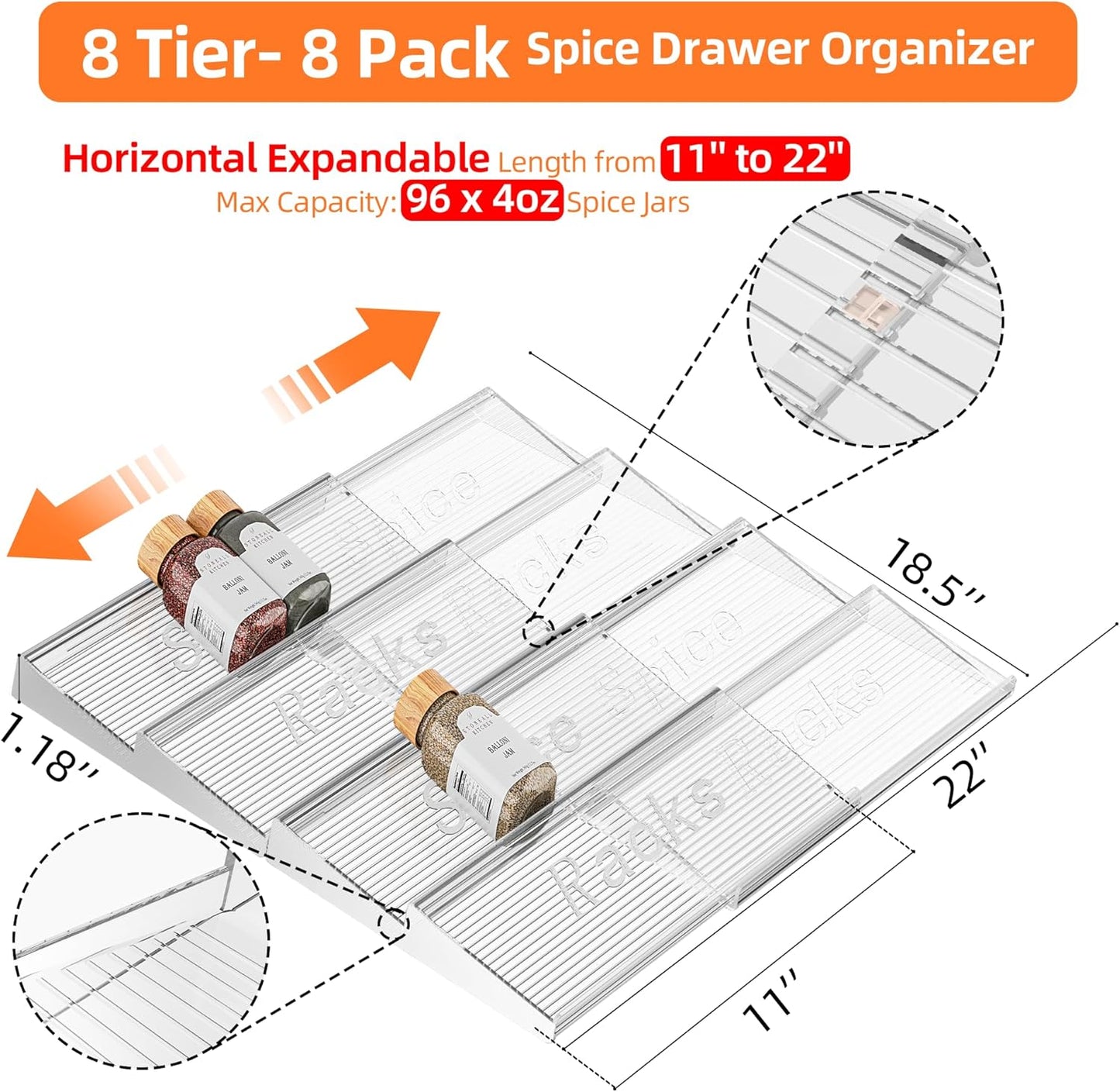 8 Packs Spice Drawer Organizer, 2-Tier Acrylic Drawer Seasoning Organizer, Expandable From 11'' to 22'' Kitchen Spice Rack Organizers and Storage for Drawer (Jars not included), Clear
