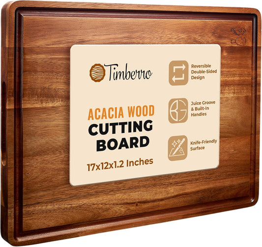 Acacia Wood Cutting Board (17x12x1.2 In.) - Big Wooden Non Toxic Hardwood Organic Meat Steak Chef Butcher Block Boards for Kitchen with Juice Groove