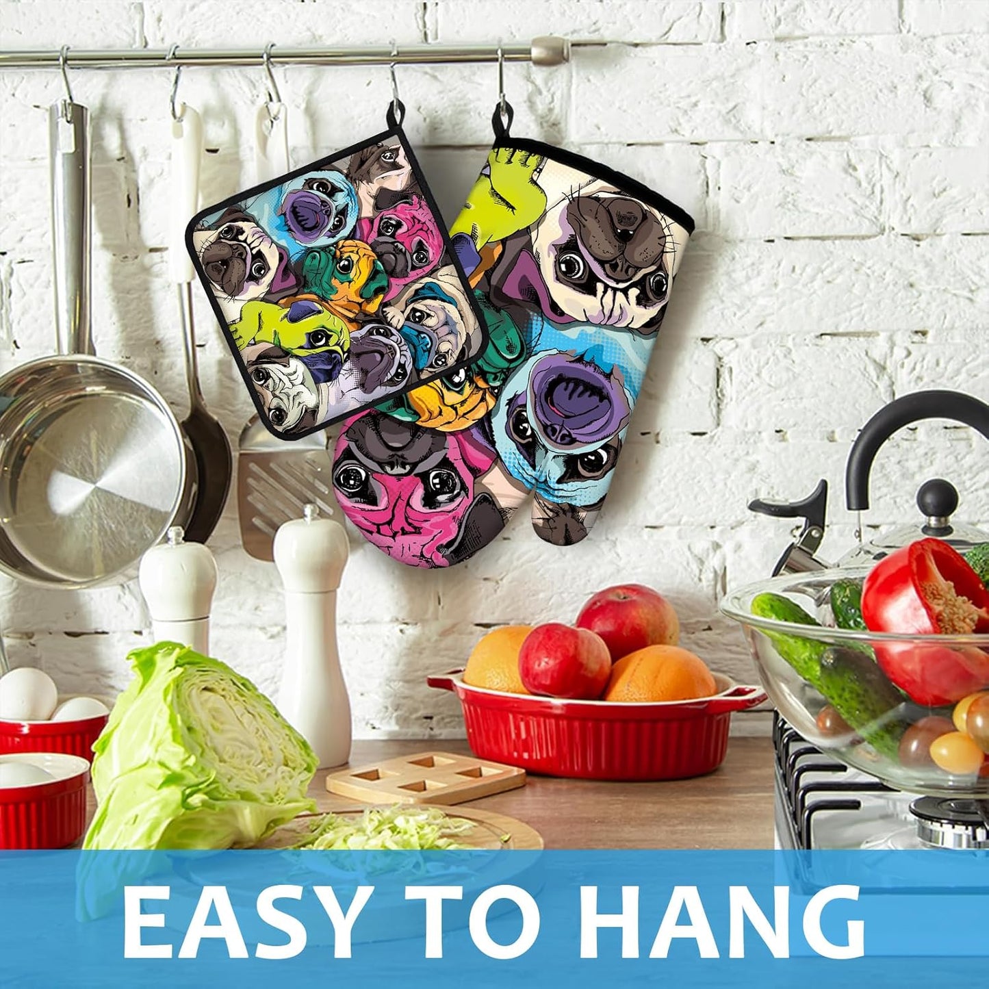 Colorful Pug Dog Face Oven Mitts and Pot Holders Sets Heat Resistant 4Pcs Potholders Oven Gloves Hot Pads for Kitchen Baking Cooking Grilling BBQ