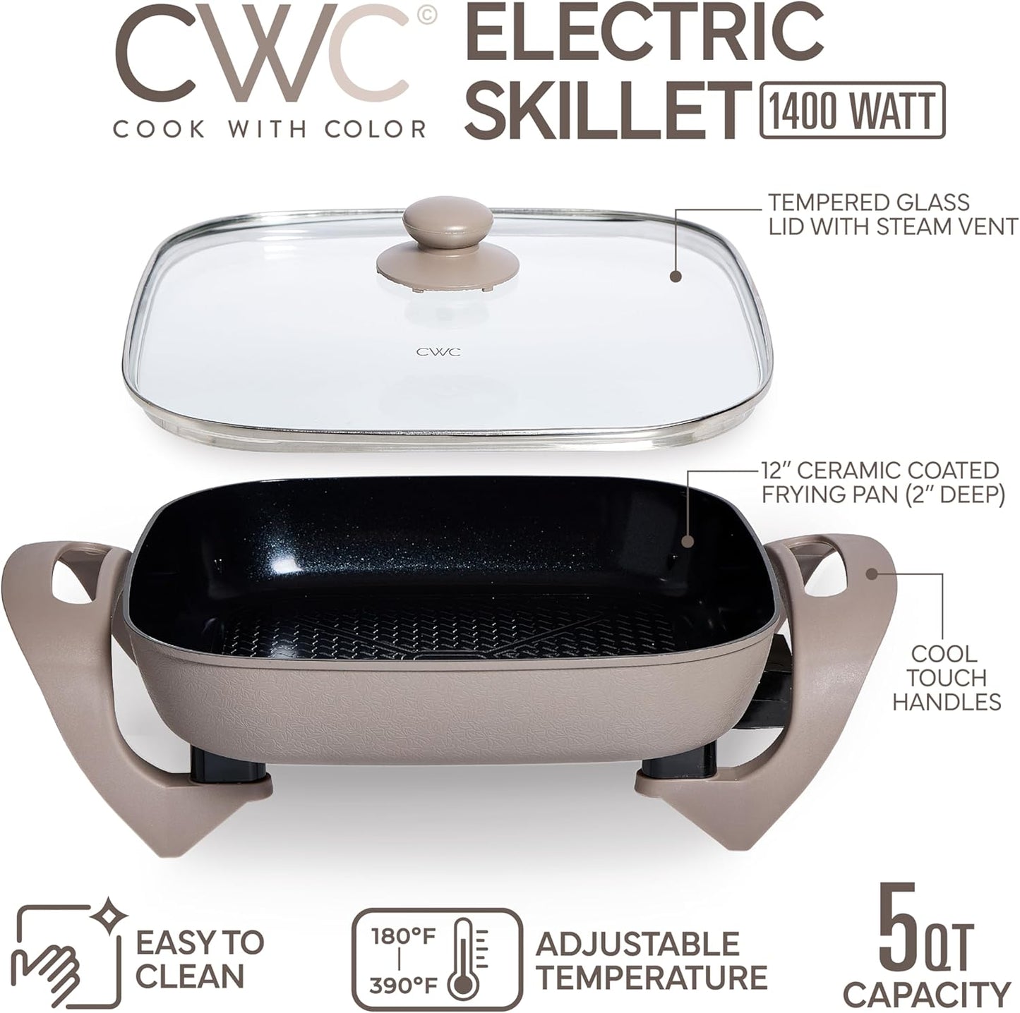 COOK WITH COLOR Electric Skillet - 12" x 12" Ceramic Nonstick Pan, PFAS-Free, 1400W, Tempered Glass Lid, Variable Temperature, Removable Heating Probe, Cool-Touch Handles, Greige