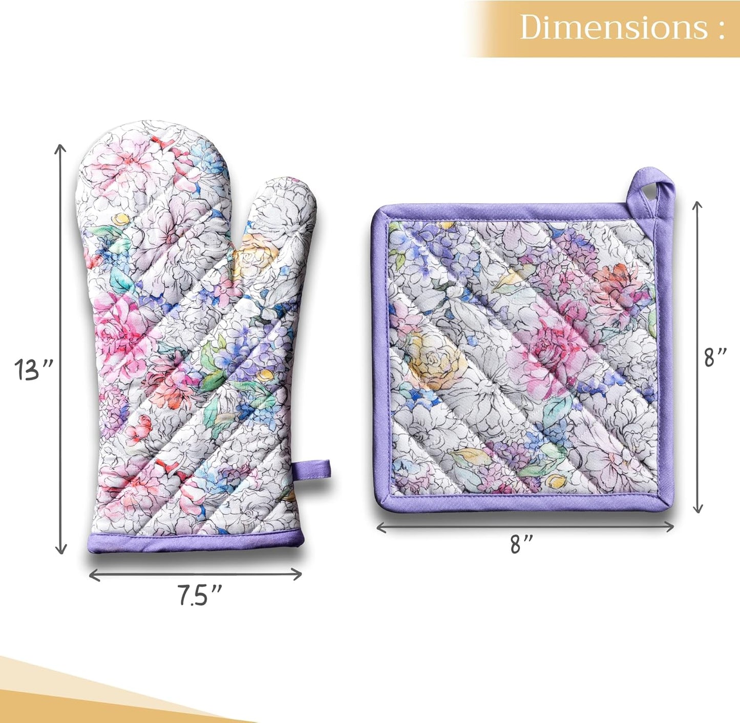 Maison d' Hermine 100% Cotton Oven Mitt & Pot Holder Set (7.5"x13" & 8"x8") Heat Resistant BBQ Cooking Gloves with Loop, Baking, Grilling, Kitchen, Handling Hot Pans Spring/Summer (Floral Love)