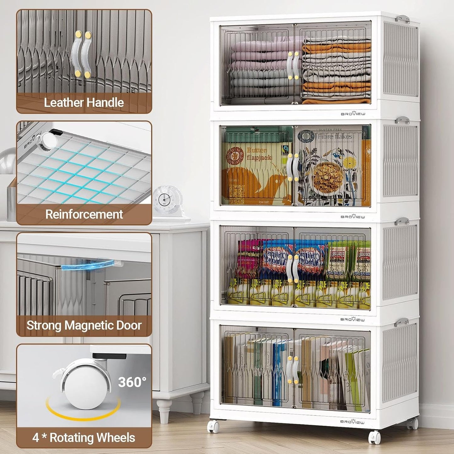 480Qt Stackable Storage Bins with Lid, Extra Large Closet Organizer Collapsible Drawer Boxes with Wheels, Folding Plastic Cabinet Containers for Home Kitchen Room Organization, 4Pack White