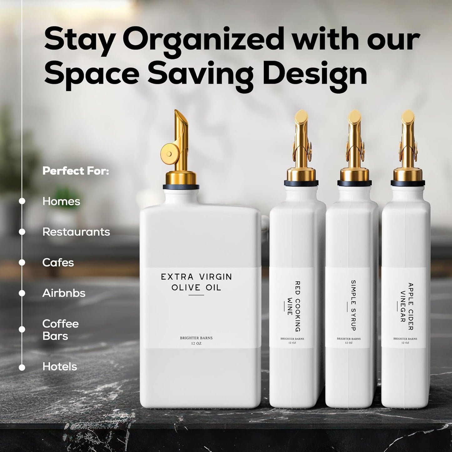 White Glass Olive Oil Dispenser Bottle for Kitchen by Brighter Barns - Avocado Oil Dispenser Set, Vanilla Syrup Bottle - Modern Decor, Gold Kitchen Accessories for Home, Airbnb, Cafe (White, Set of 2)