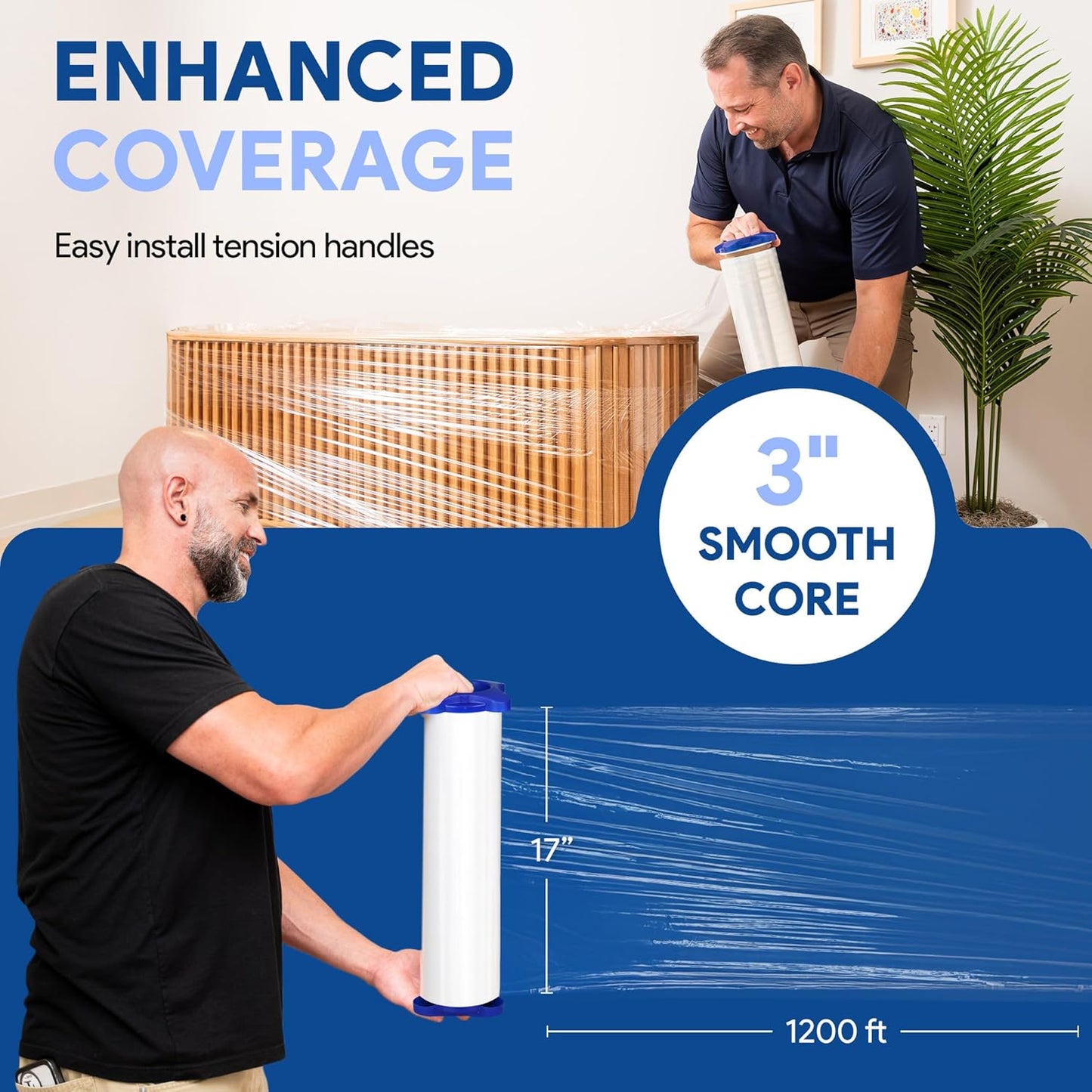 International Plastics Co. 15" Plastic Stretch Film Wrap with Tension Handles 1200ft 500% Stretch Clear Cling Durable Adhering Packing Moving Packaging Heavy Duty Shrink