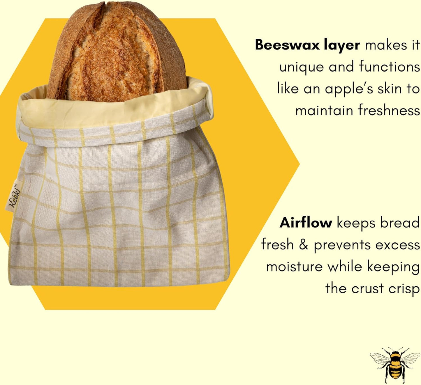Keeki Bag - The Original Beeswax Lined Bread Bag for Homemade & Sourdough | Reusable Linen Bread Storage | Beeswax Wrap Alternative | Plastic-Free Storage w/Wide Opening & Drawstring Closure - Yellow