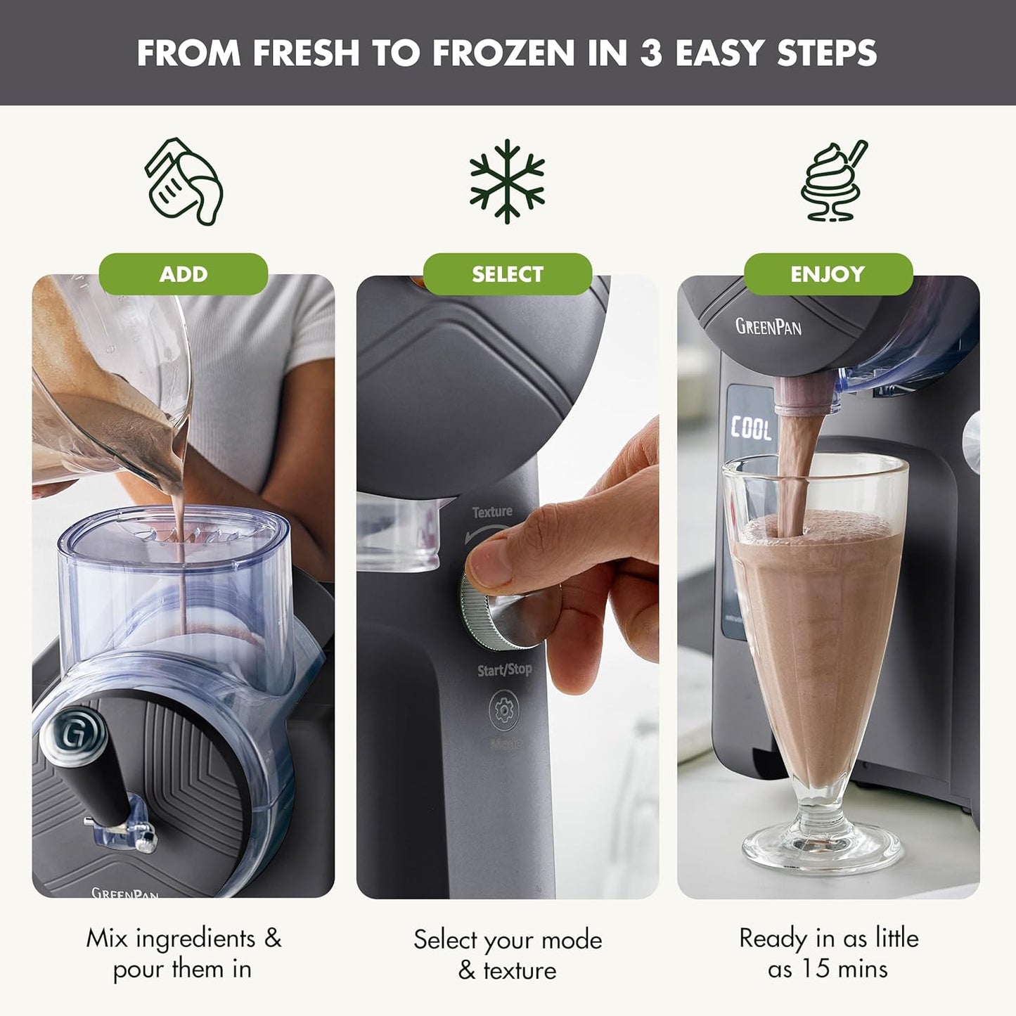 GreenPan Frost Ice Cream Machine & Frozen Drink Maker, Soft Serve, Slushie, Milkshakes & Cocktails, No Freezer Needed, 15-in-1, 7 Textures, Quiet & Rapid, Easy Clean, Family Size, Licorice Gray