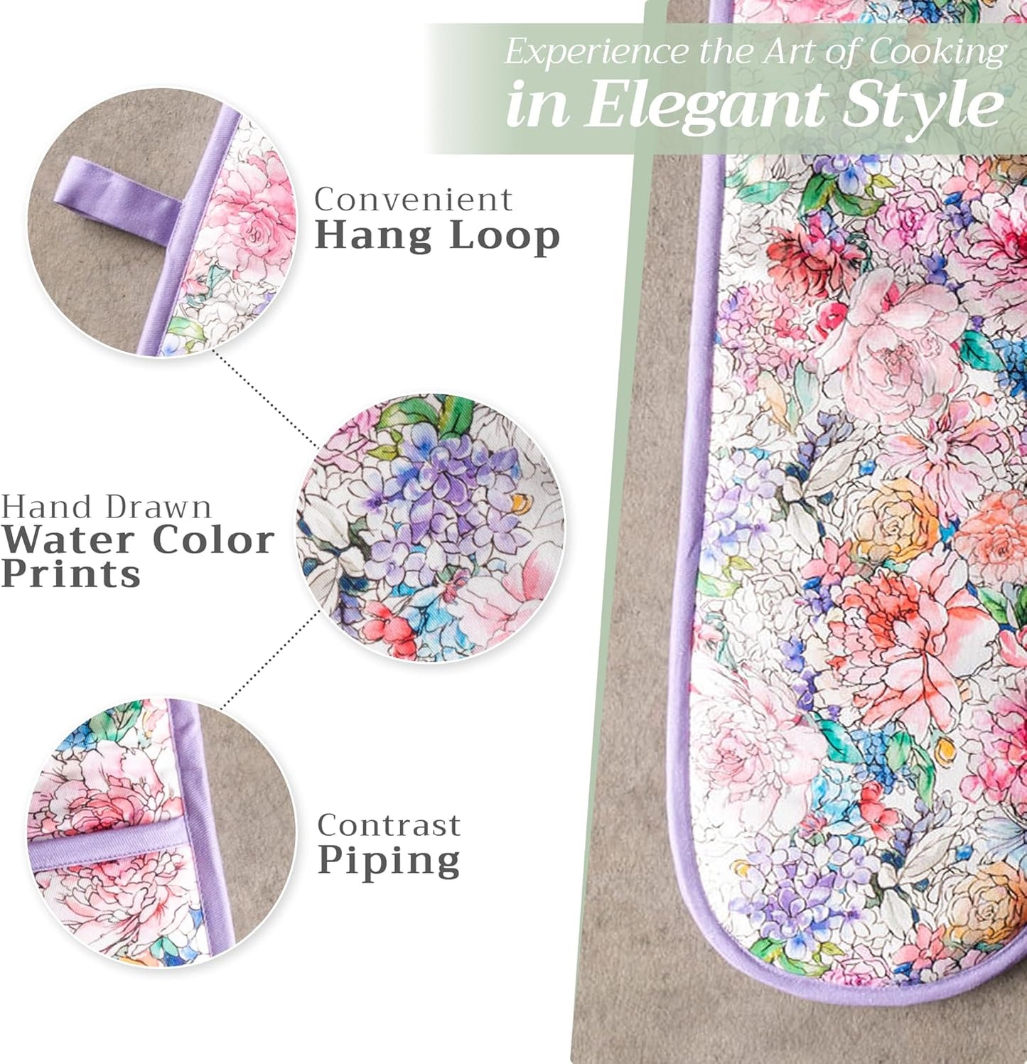 Maison d' Hermine Double Oven Mitts 100% Cotton 7"x35" Double Oven Mitt Heat Resistant BBQ Cooking Gloves with Loop, Baking, Grilling, Home, Kitchen, Handling Hot Pans Spring Summer (Floral Love)