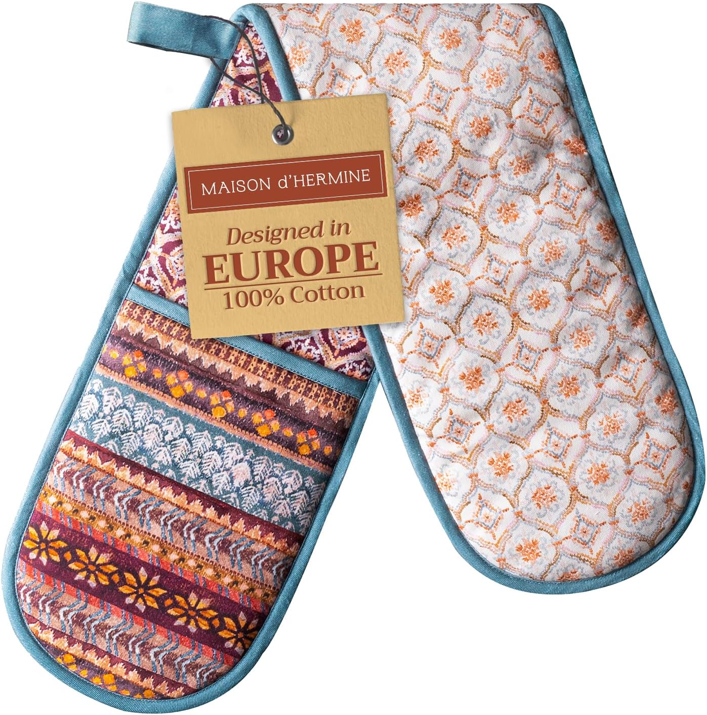 Maison d' Hermine Double Oven Mitt 100% Cotton Heat Resistant Cooking Gloves with Loop, Baking Barbeque, Handling Hot Pan, Fair Isle - Thanksgiving/Christmas (7 Inch x 35 Inch)