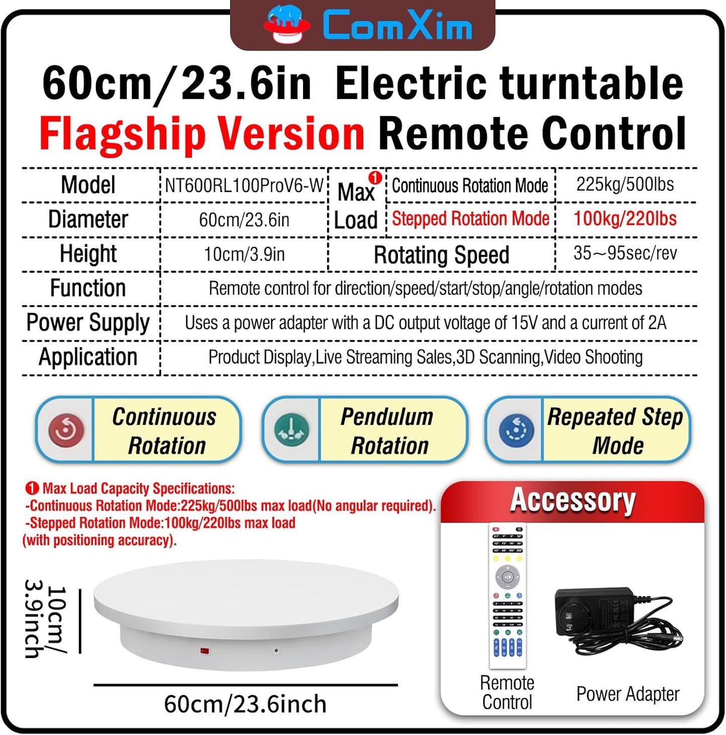 23.6In Remote Large Motorized electric turntable Rotating platform Photography Turntable Motorized lazy susan Base giratoria para for Photography,3D Scanner,Heavy duty display(Load Range:220~500lbs)
