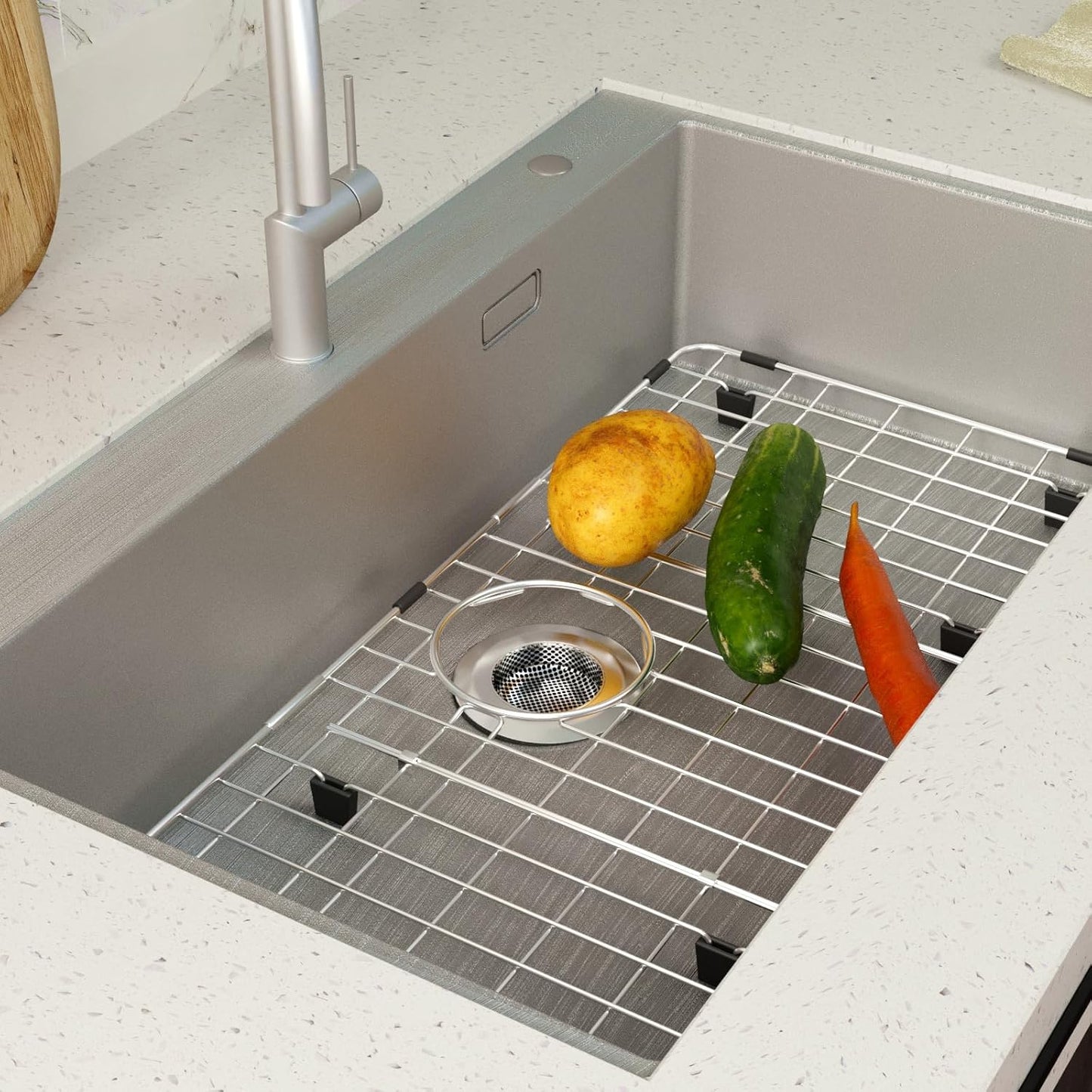 27.5’’ x 13.5’’ Stainless Steel Sink Protector, Sink Protectors for Kitchen Sink, Sink Grid, Sink Grate for Bottom with Rear Drain, Metal Sink Rack for Bottom of Sink with Corner Radius