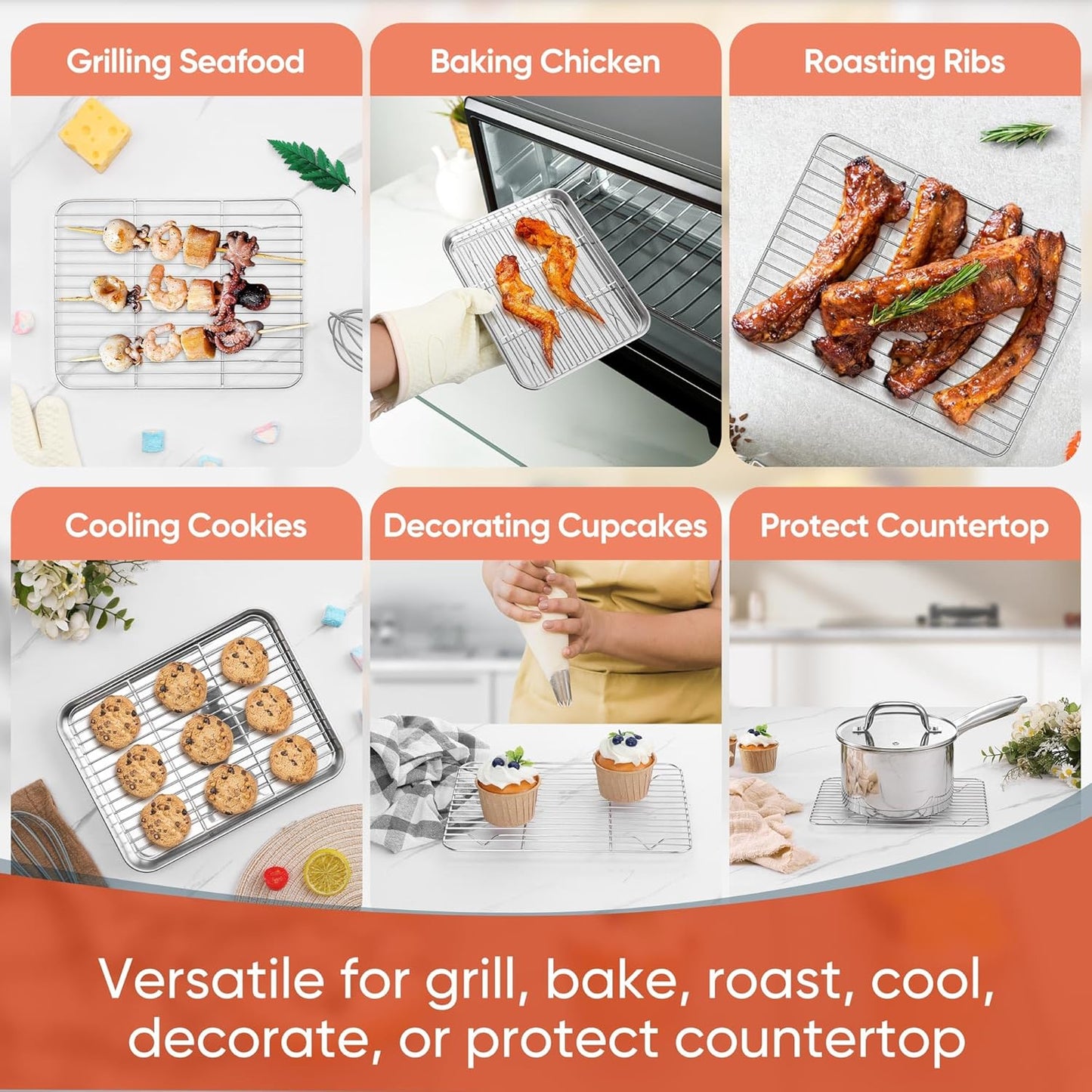 2 Pack Small Baking Cooling Racks, Homikit 9.7 * 7.5 Inch Stainless Steel Wire Rack for Cooking Roasting Grilling, Fit for Toaster Oven Pan, Non-toxic & Heavy-Duty
