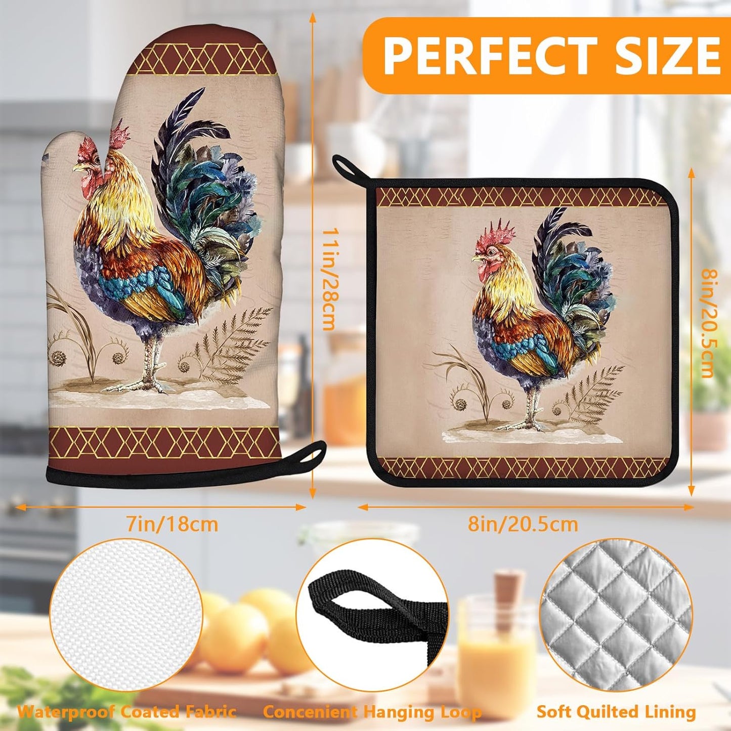 Rooster Oven Mitts and Pot Holders Sets 4Pcs,Extra Long Oven Gloves Potholder for Kitchen Cooking Baking BBQ 100% Cotton Heat Resistant