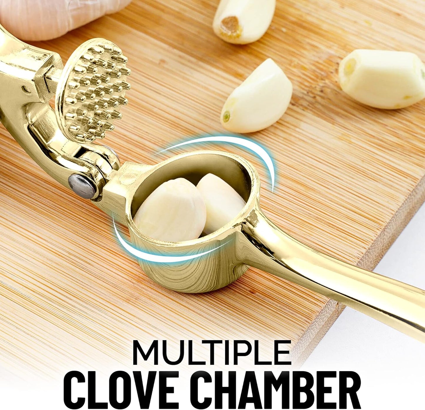 Zulay Kitchen Premium Garlic Press with Soft, Easy to Squeeze Handle - Includes Silicone Garlic Peeler & Cleaning Brush - 3 Piece Garlic Mincer Tool - Sturdy Easy to Clean Garlic Crusher (Gold)