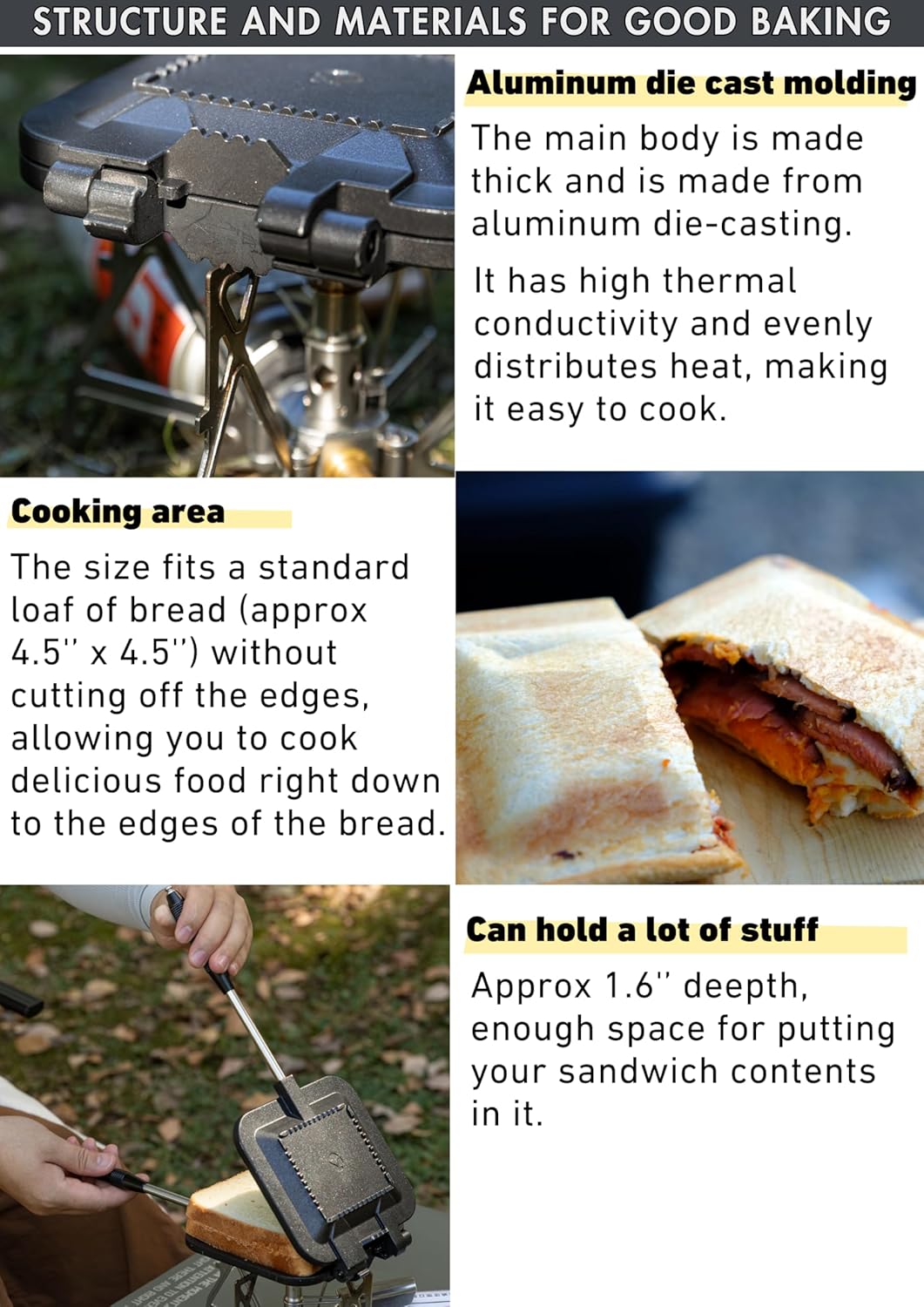 camping moon Sandwich Maker Hot Sand Single Burner Gas Fire Open Fire Compact Aluminum TT-1315 (Black w/bag)