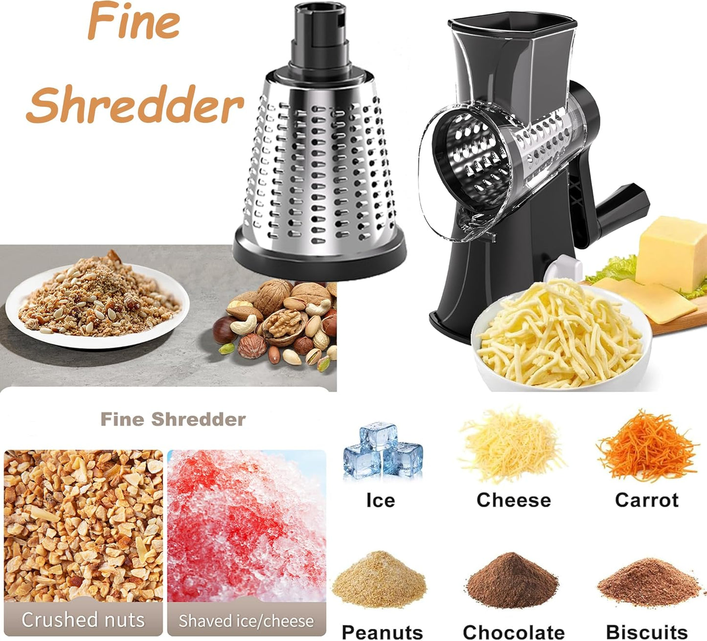 3-in-1 Rotary Cheese Grater Vegetable Slicer, 3 Interchangeable Blades Food Shredder with Anti-Slip Reinforced Suction Base, Kitchen Mandoline Chopper (Black)