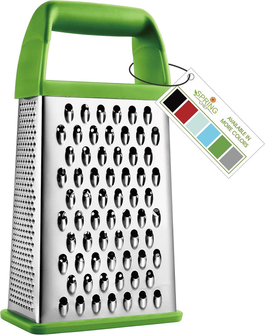 Spring Chef Professional Green 10" Stainless Steel Parmesan Cheese Grater with Handle, 4 Sided Handheld Box Grater, Kitchen Carrot Shredder for Potato, Cheese, Ginger, Vegetables